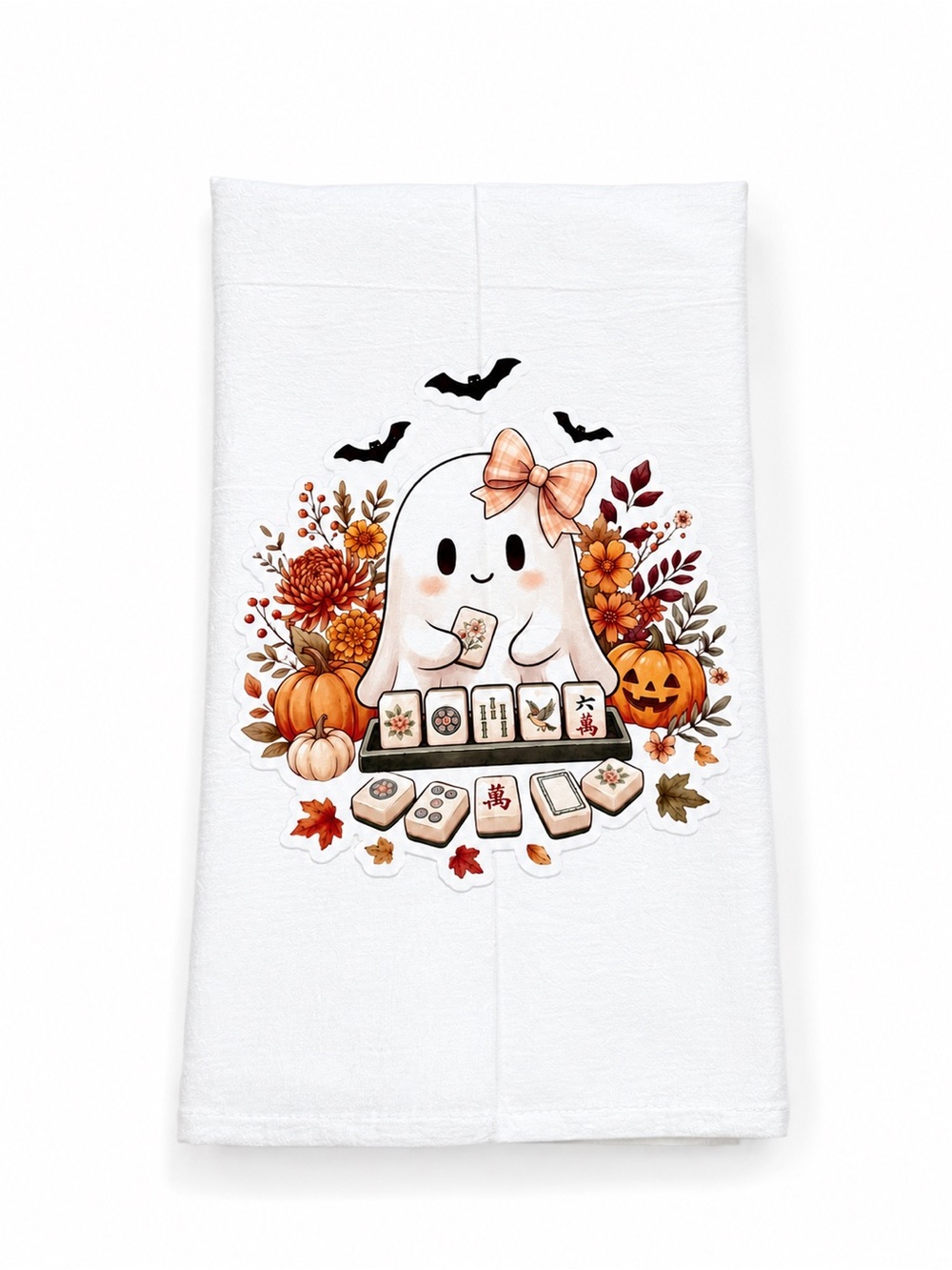 Fall Halloween Cute Ghost Mahjong kitchen Towel - White & Orange
